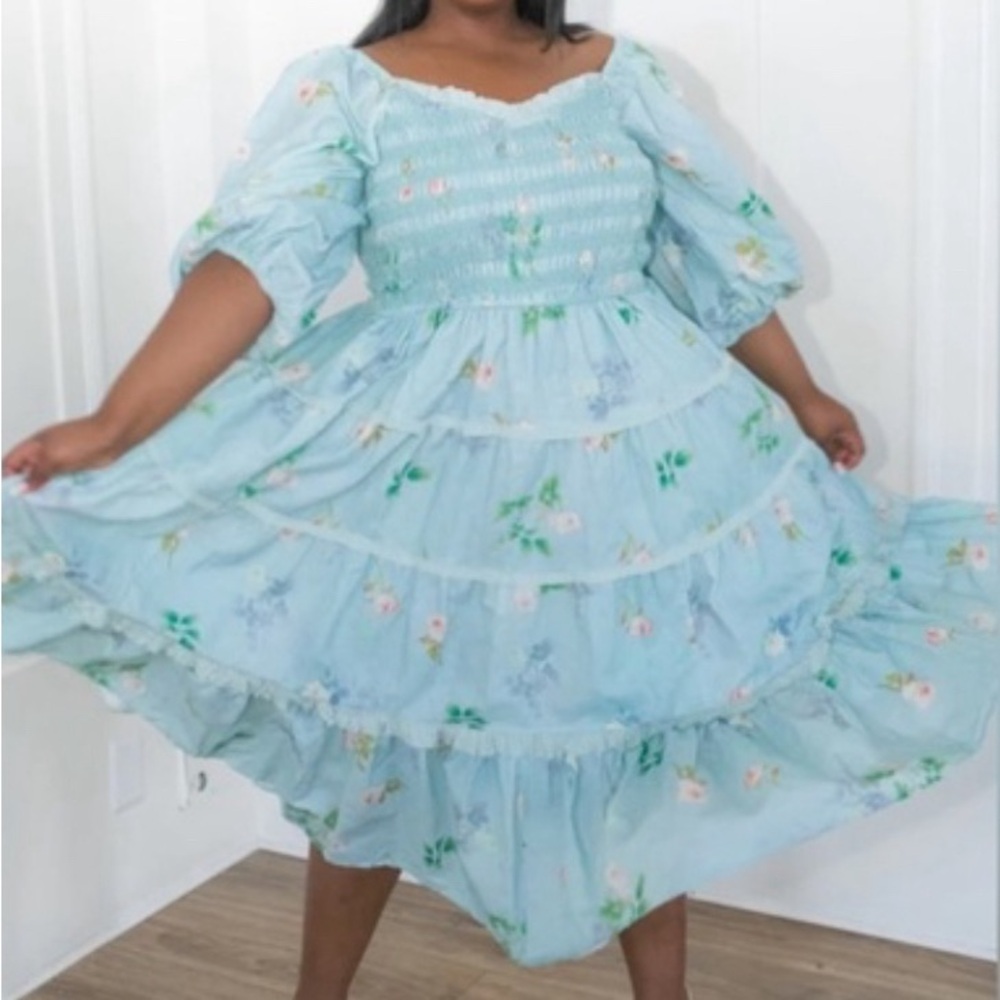 Smocked Puff Sleeve Tiered Midi Dress in Light Blue Floral